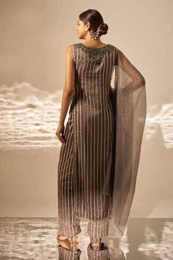 Shop_Rimple Agrawal_Charcoal Organza Round Neck Tejasvini Striped Kurta Set _at_Aza_Fashions