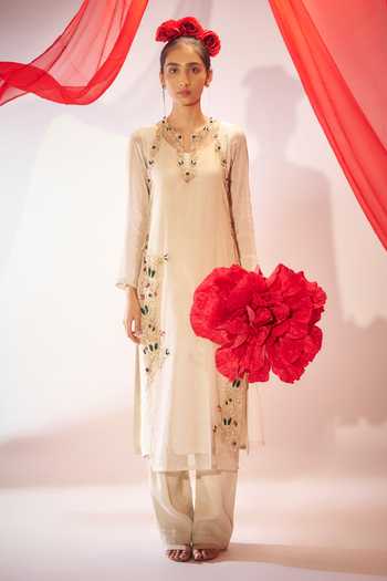 Buy_Rimple Agrawal_Ivory Organza Split V-neck Layered Kurta And Pant Set _Online_at_Aza_Fashions