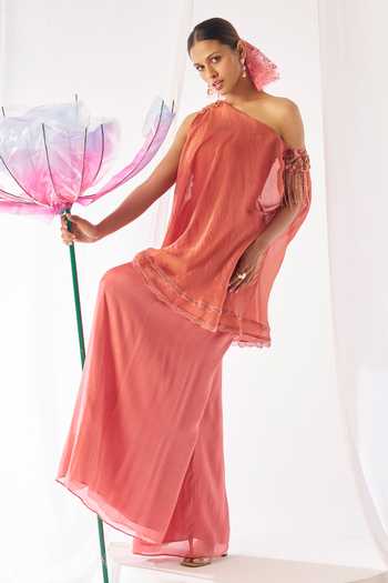 Rimple Agrawal_Peach Crepe One Shoulder Saumya Draped Tunic Palazzo Set _Online_at_Aza_Fashions