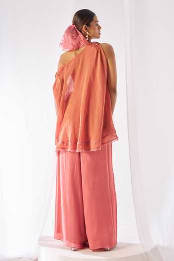 Shop_Rimple Agrawal_Peach Crepe One Shoulder Saumya Draped Tunic Palazzo Set _at_Aza_Fashions