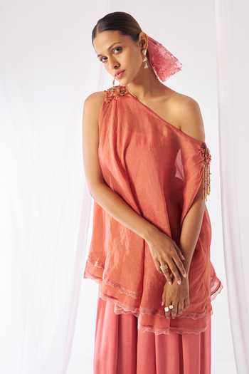 Buy_Rimple Agrawal_Peach Crepe One Shoulder Saumya Draped Tunic Palazzo Set _Online_at_Aza_Fashions