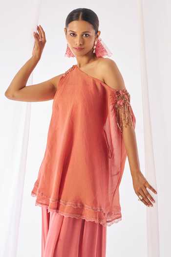 Shop_Rimple Agrawal_Peach Crepe One Shoulder Saumya Draped Tunic Palazzo Set _Online_at_Aza_Fashions
