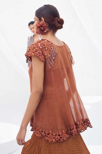 Buy_Rimple Agrawal_Brown Crepe Round Neck Cutwork Tunic And Crushed Umbrella Skirt Set _Online_at_Aza_Fashions