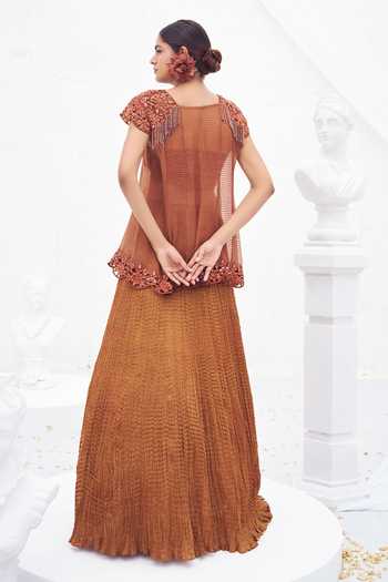 Rimple Agrawal_Brown Crepe Round Neck Cutwork Tunic And Crushed Umbrella Skirt Set _Online_at_Aza_Fashions