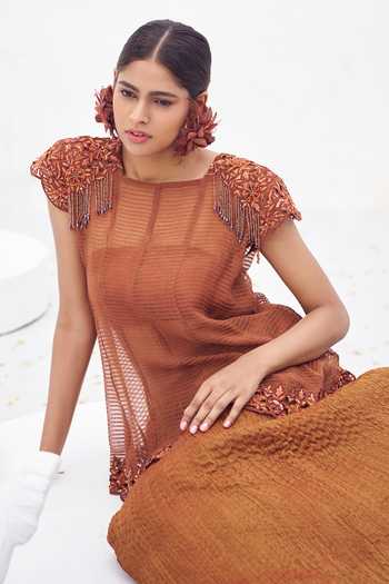 Shop_Rimple Agrawal_Brown Crepe Round Neck Cutwork Tunic And Crushed Umbrella Skirt Set _Online_at_Aza_Fashions