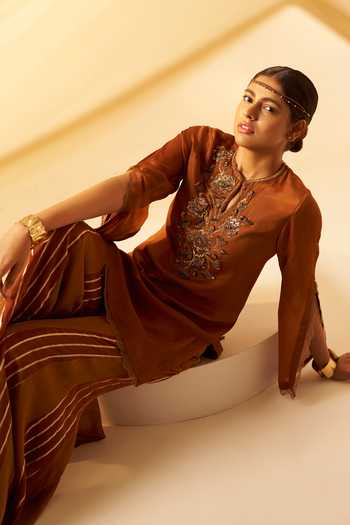 Buy_Rimple Agrawal_Brown Organza, Chinon Round Neck Embroidered Yoke Kurta And Pant Set _Online_at_Aza_Fashions