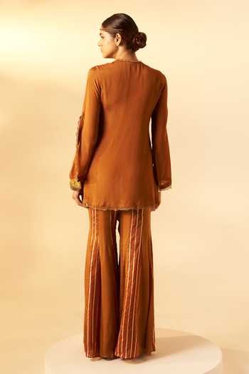 Rimple Agrawal_Brown Organza, Chinon Round Neck Embroidered Yoke Kurta And Pant Set _Online_at_Aza_Fashions