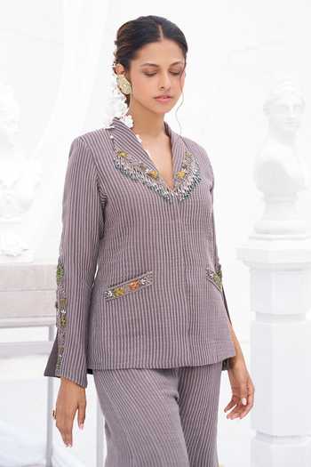 Buy_Rimple Agrawal_Lilac Anagha Striped Blazer Pant Set _Online_at_Aza_Fashions