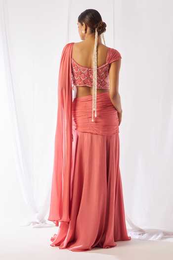 Rimple Agrawal_Peach Net, Chinon Round Neck Mahagauri Pre-draped Saree And Embroidered Blouse Set _Online_at_Aza_Fashions