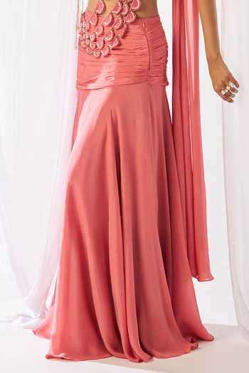 Buy_Rimple Agrawal_Peach Net, Chinon Round Neck Mahagauri Pre-draped Saree And Embroidered Blouse Set _Online_at_Aza_Fashions