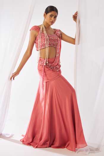 Buy_Rimple Agrawal_Peach Net, Chinon Round Neck Mahagauri Pre-draped Saree And Embroidered Blouse Set _at_Aza_Fashions