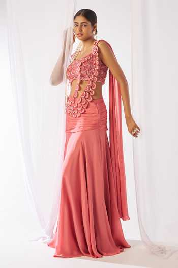 Shop_Rimple Agrawal_Peach Net, Chinon Round Neck Mahagauri Pre-draped Saree And Embroidered Blouse Set _Online_at_Aza_Fashions