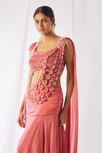 Rimple Agrawal_Peach Net, Chinon Round Neck Mahagauri Pre-draped Saree And Embroidered Blouse Set _at_Aza_Fashions