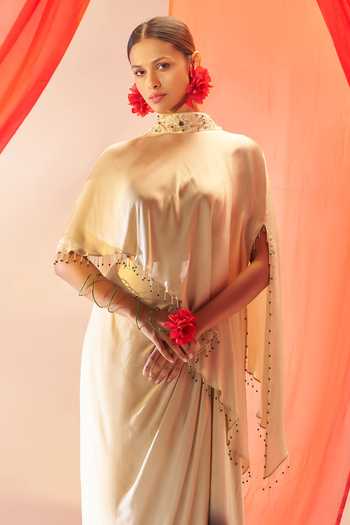 Buy_Rimple Agrawal_Ivory Satin Mandarin Collar Aparajita Draped Skirt Set _Online_at_Aza_Fashions