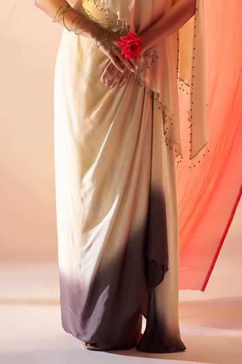 Shop_Rimple Agrawal_Ivory Satin Mandarin Collar Aparajita Draped Skirt Set _Online_at_Aza_Fashions