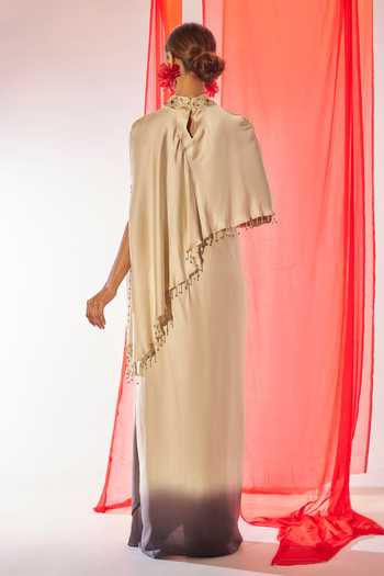 Rimple Agrawal_Ivory Satin Mandarin Collar Aparajita Draped Skirt Set _Online_at_Aza_Fashions