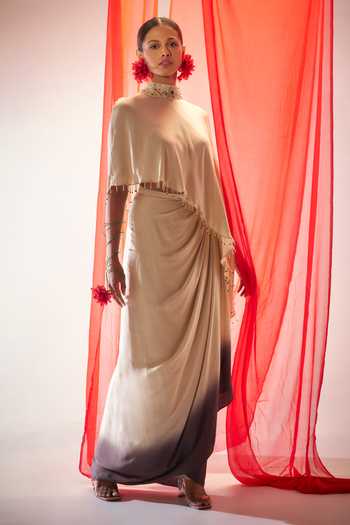Shop_Rimple Agrawal_Ivory Satin Mandarin Collar Aparajita Draped Skirt Set 
