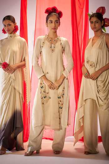 Rimple Agrawal_Ivory Satin Mandarin Collar Aparajita Draped Skirt Set _Online