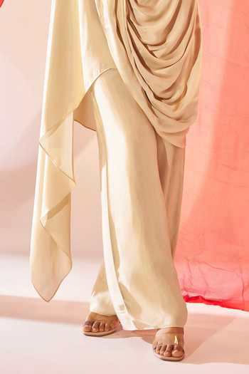 Buy_Rimple Agrawal_Ivory Satin V-neck Floral Applique Tunic And Pant Set _Online_at_Aza_Fashions