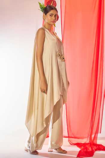 Shop_Rimple Agrawal_Ivory Satin V-neck Floral Applique Tunic And Pant Set _Online_at_Aza_Fashions