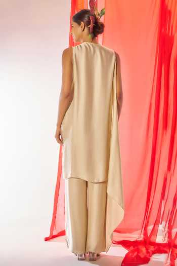 Rimple Agrawal_Ivory Satin V-neck Floral Applique Tunic And Pant Set _Online_at_Aza_Fashions
