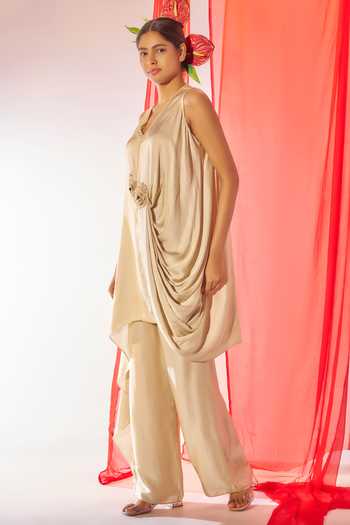 Rimple Agrawal_Ivory Satin V-neck Floral Applique Tunic And Pant Set _at_Aza_Fashions