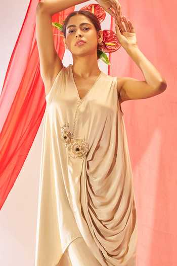 Buy_Rimple Agrawal_Ivory Satin V-neck Floral Applique Tunic And Pant Set 