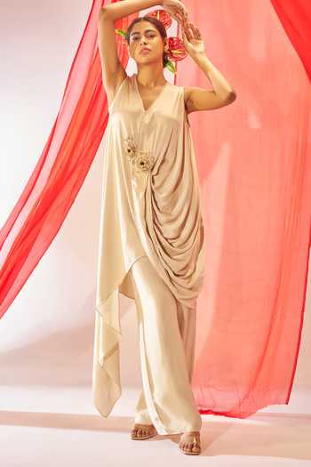 Buy_Rimple Agrawal_Ivory Satin V-neck Floral Applique Tunic And Pant Set _at_Aza_Fashions
