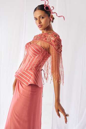 Buy_Rimple Agrawal_Pink Organza, Net, Chinon Sweetheart Striped Peplum Corset Draped Skirt Set _Online_at_Aza_Fashions