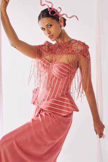 Shop_Rimple Agrawal_Pink Organza, Net, Chinon Sweetheart Striped Peplum Corset Draped Skirt Set _Online_at_Aza_Fashions