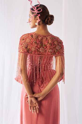Rimple Agrawal_Pink Organza, Net, Chinon Sweetheart Striped Peplum Corset Draped Skirt Set _Online_at_Aza_Fashions