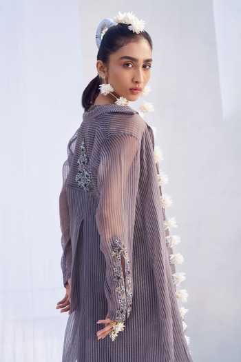 Buy_Rimple Agrawal_Lilac Crepe V-neck Striped Tunic Pant Set _Online_at_Aza_Fashions