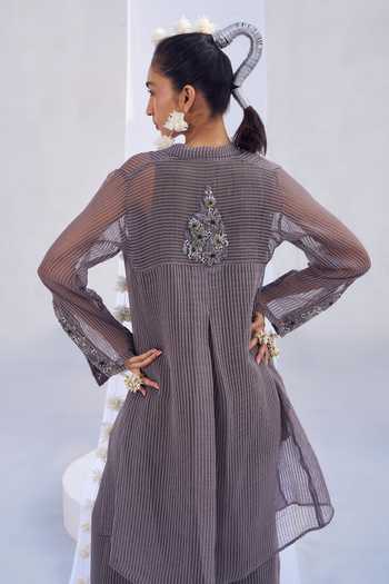Rimple Agrawal_Lilac Crepe V-neck Striped Tunic Pant Set _Online_at_Aza_Fashions