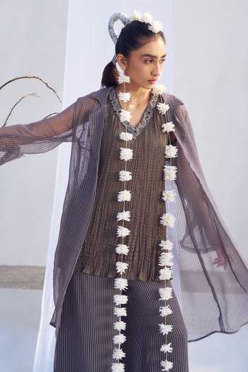 Shop_Rimple Agrawal_Lilac Crepe V-neck Striped Tunic Pant Set _Online_at_Aza_Fashions