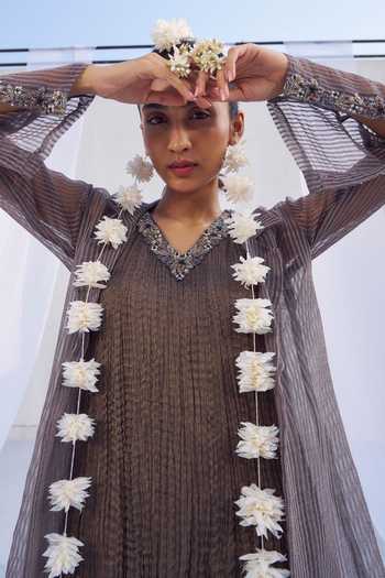 Rimple Agrawal_Lilac Crepe V-neck Striped Tunic Pant Set _at_Aza_Fashions