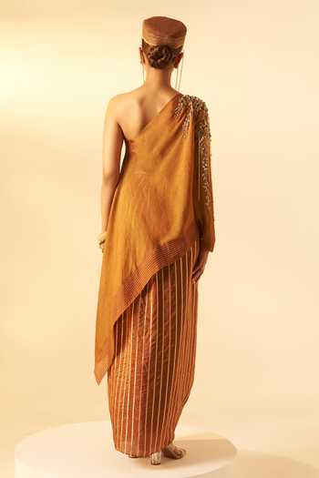 Rimple Agrawal_Brown Organza, Crepe One Shoulder, Bandeau Girija Embroidered Top And Skirt Set _Online_at_Aza_Fashions