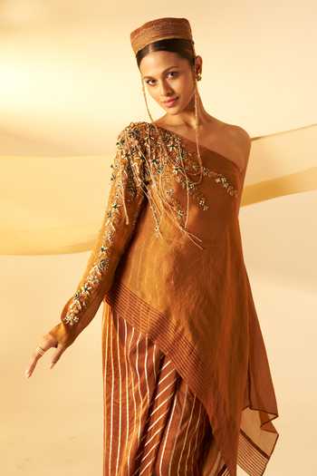Buy_Rimple Agrawal_Brown Organza, Crepe One Shoulder, Bandeau Girija Embroidered Top And Skirt Set _Online_at_Aza_Fashions