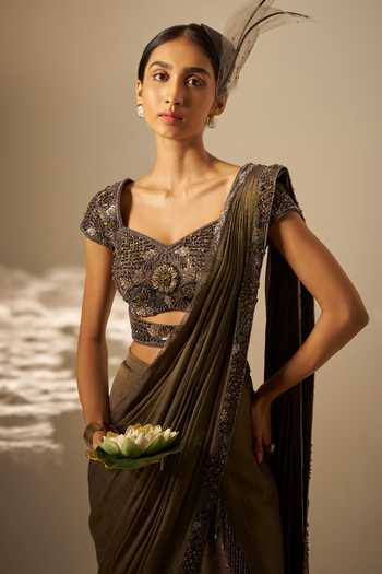 Buy_Rimple Agrawal_Black Crepe, Net Sweetheart Neck Ishvari Pre-draped Saree Set _Online_at_Aza_Fashions