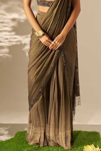 Shop_Rimple Agrawal_Black Crepe, Net Sweetheart Neck Ishvari Pre-draped Saree Set _Online_at_Aza_Fashions