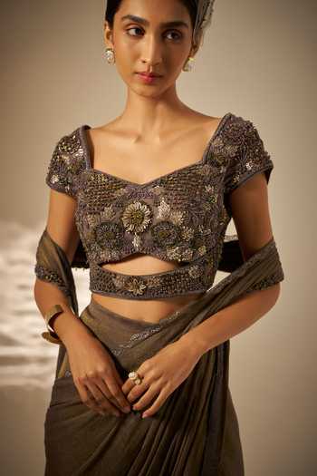 Rimple Agrawal_Black Crepe, Net Sweetheart Neck Ishvari Pre-draped Saree Set _at_Aza_Fashions