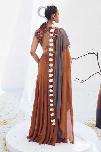 Rimple Agrawal_Brown Crepe, Net V-neck Dayamayi Two Tone Pre-draped Saree Set _Online_at_Aza_Fashions