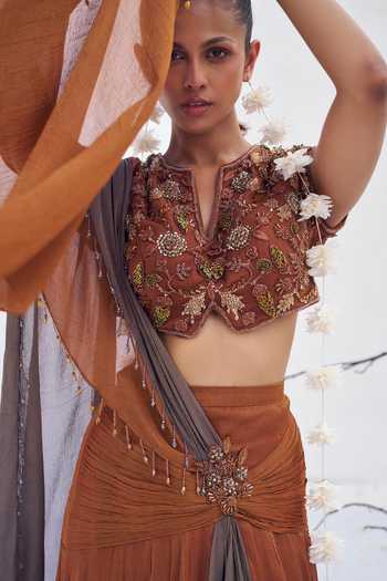Shop_Rimple Agrawal_Brown Crepe, Net V-neck Dayamayi Two Tone Pre-draped Saree Set _Online_at_Aza_Fashions
