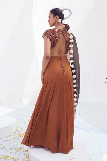 Buy_Rimple Agrawal_Brown Crepe, Net V-neck Dayamayi Two Tone Pre-draped Saree Set 