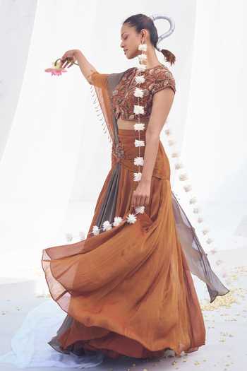 Shop_Rimple Agrawal_Brown Crepe, Net V-neck Dayamayi Two Tone Pre-draped Saree Set 