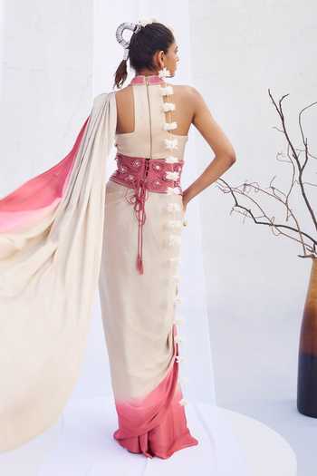 Rimple Agrawal_Pink Satin Choker Neck Dip Dyed Pre-draped Saree Set _Online_at_Aza_Fashions