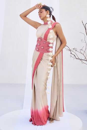 Buy_Rimple Agrawal_Pink Satin Choker Neck Dip Dyed Pre-draped Saree Set _Online_at_Aza_Fashions