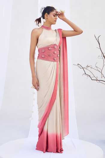 Buy_Rimple Agrawal_Pink Satin Choker Neck Dip Dyed Pre-draped Saree Set _at_Aza_Fashions