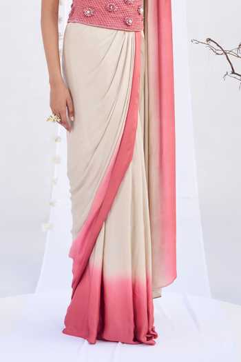 Shop_Rimple Agrawal_Pink Satin Choker Neck Dip Dyed Pre-draped Saree Set _Online_at_Aza_Fashions