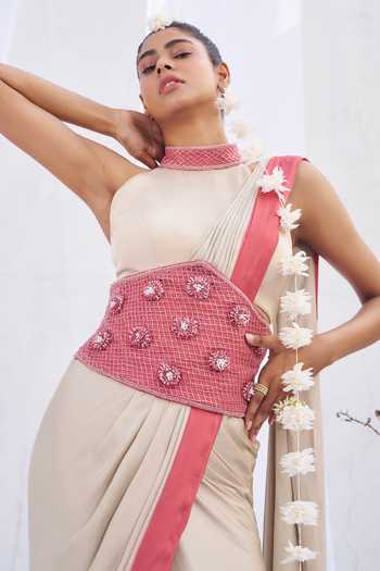 Rimple Agrawal_Pink Satin Choker Neck Dip Dyed Pre-draped Saree Set _at_Aza_Fashions