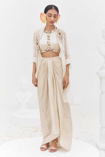 Buy_Rimple Agrawal_Ivory Satin Sweetheart Neck Haimavati Draped Skirt Set _at_Aza_Fashions